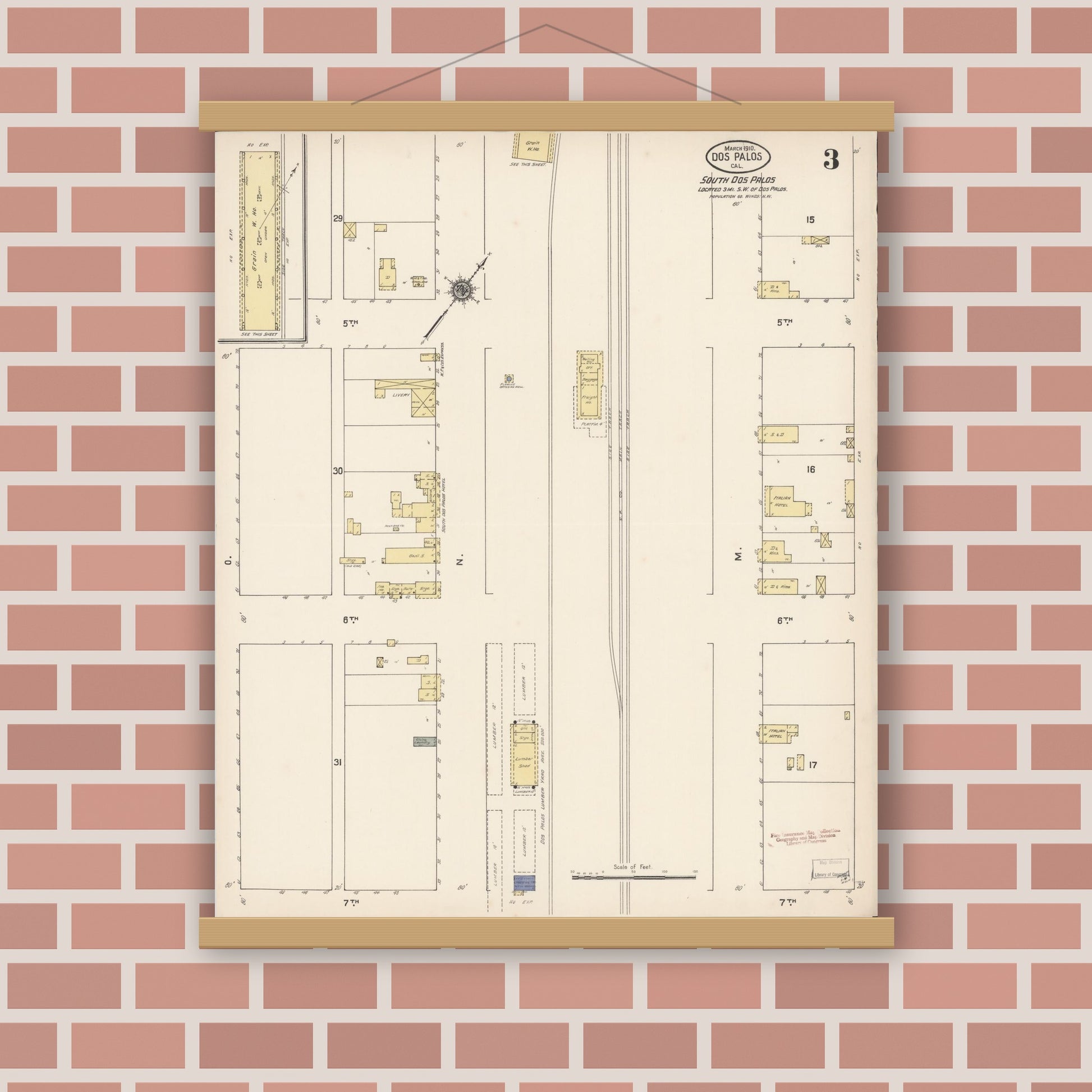 Old map wall art mockup — magnetic wood frame on brick wall — Sanborn Fire Insurance Map from Dos Palos, Merced County, California (1910), Sheet #0003