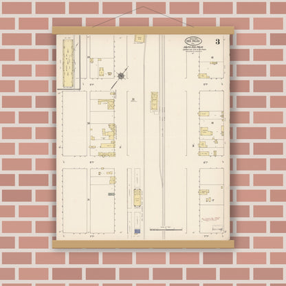 Old map wall art mockup — magnetic wood frame on brick wall — Sanborn Fire Insurance Map from Dos Palos, Merced County, California (1910), Sheet #0003