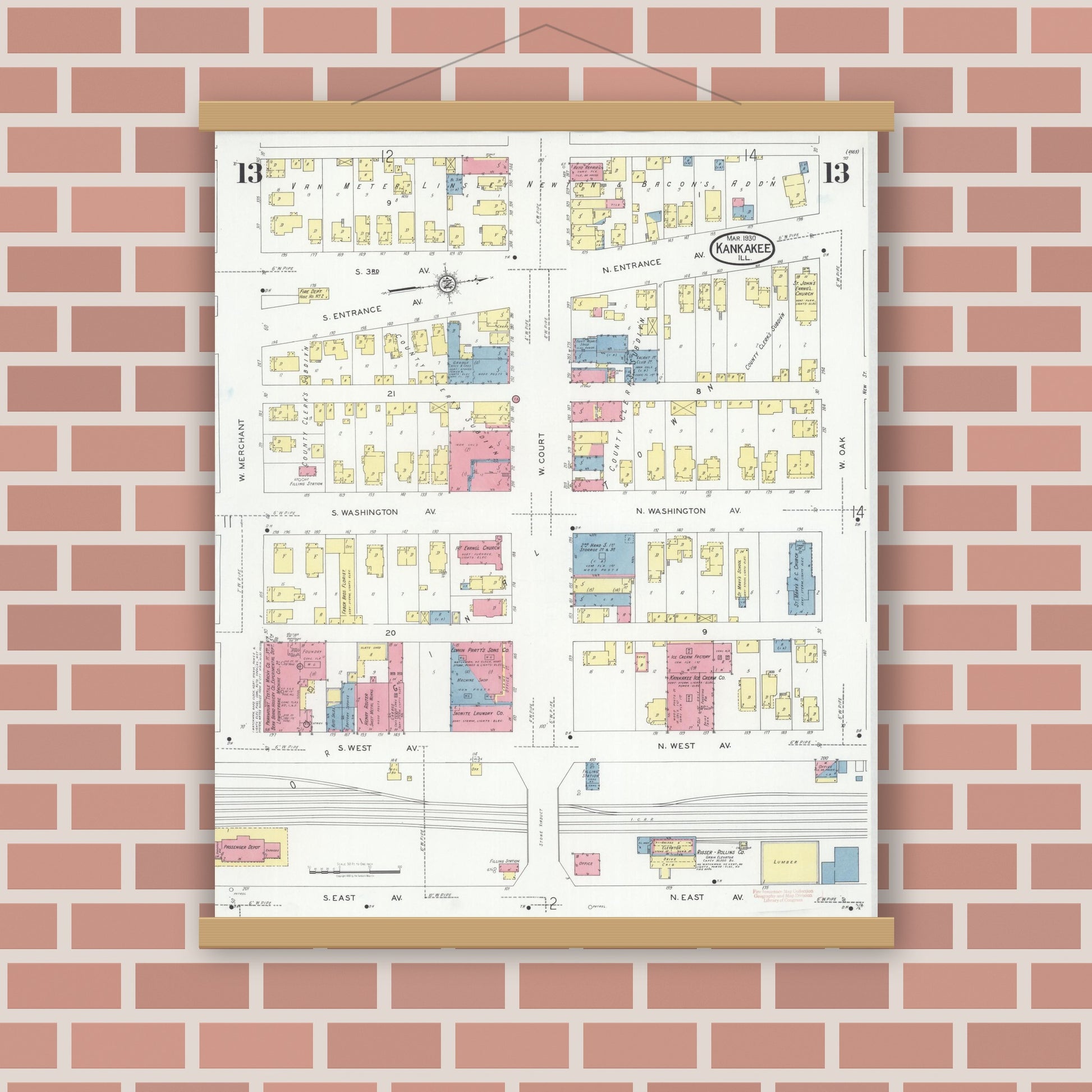 Old map wall art mockup — magnetic wood frame on brick wall — Sanborn Fire Insurance Map from Kankakee, Kankakee County, Illinois (1930), Sheet #0013