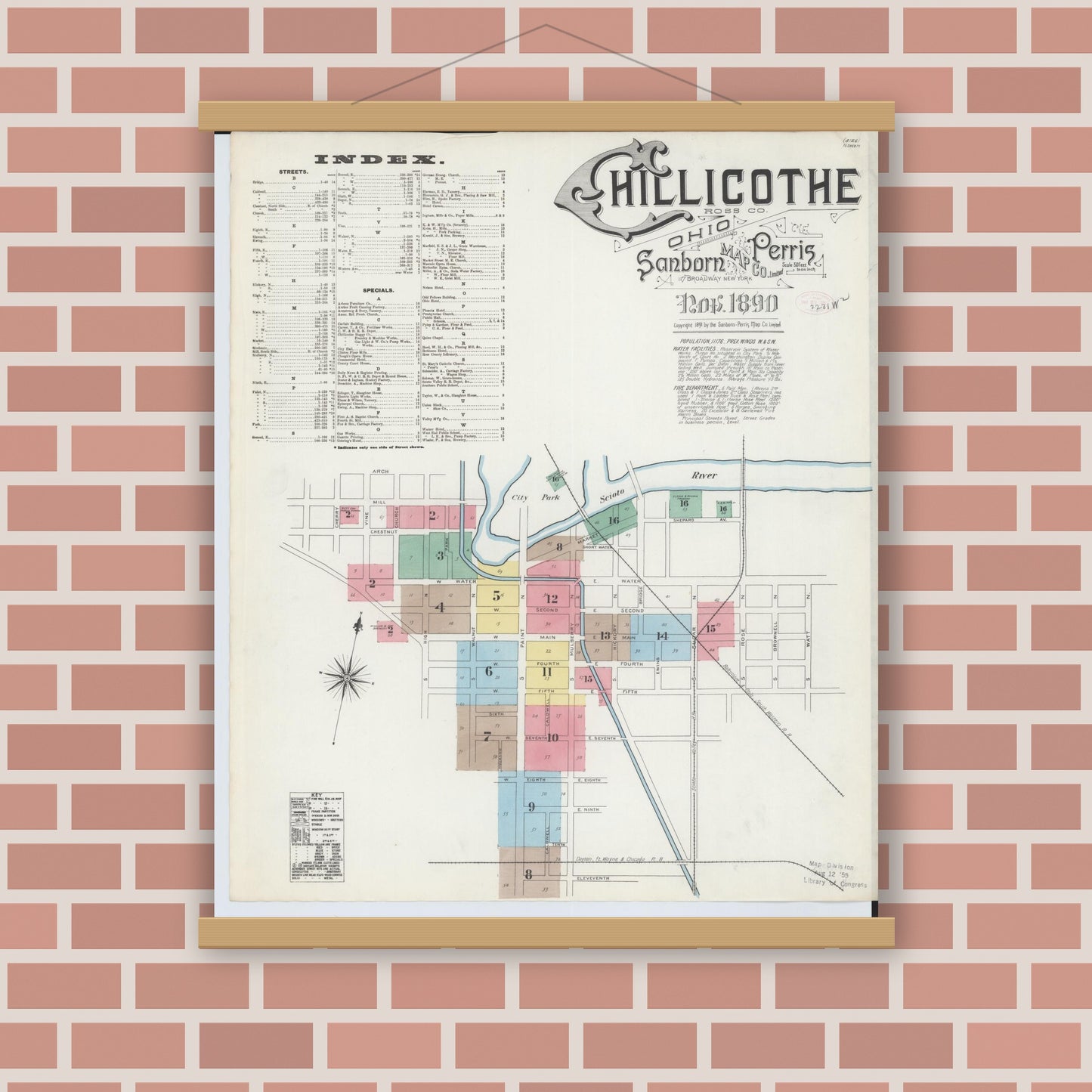 Old map wall art mockup — magnetic wood frame on brick wall — Sanborn Fire Insurance Map from Chillicothe, Ross County, Ohio (1890) - Complete Map Set