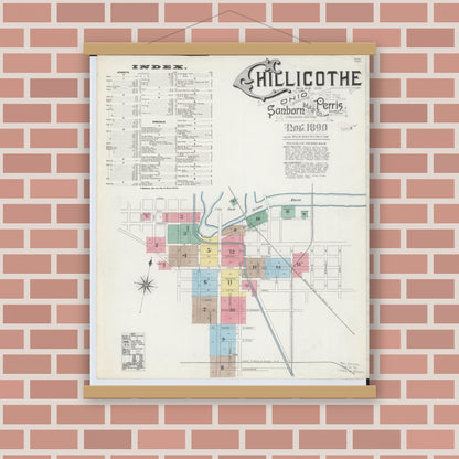 Old map wall art mockup — magnetic wood frame on brick wall — Sanborn Fire Insurance Map from Chillicothe, Ross County, Ohio (1890) - Complete Map Set