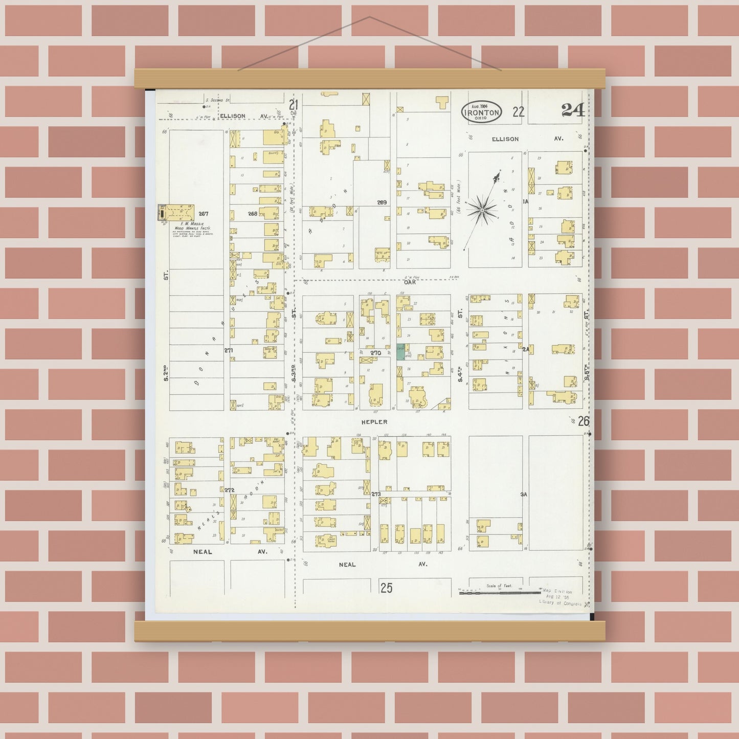Old map wall art mockup — magnetic wood frame on brick wall — Sanborn Fire Insurance Map from Ironton, Lawrence County, Ohio (1904), Sheet #0024
