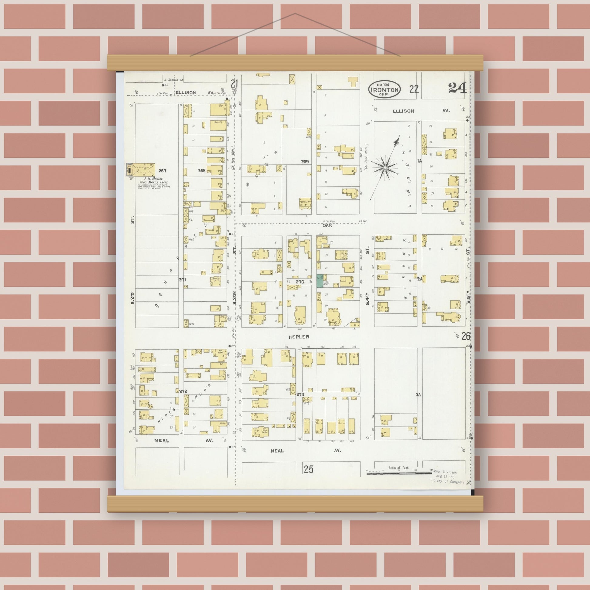 Old map wall art mockup — magnetic wood frame on brick wall — Sanborn Fire Insurance Map from Ironton, Lawrence County, Ohio (1904), Sheet #0024