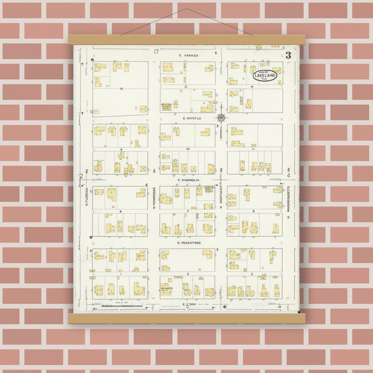 Old map wall art mockup — magnetic wood frame on brick wall — Sanborn Fire Insurance Map from Lakeland, Polk County, Florida (1917), Sheet #0003