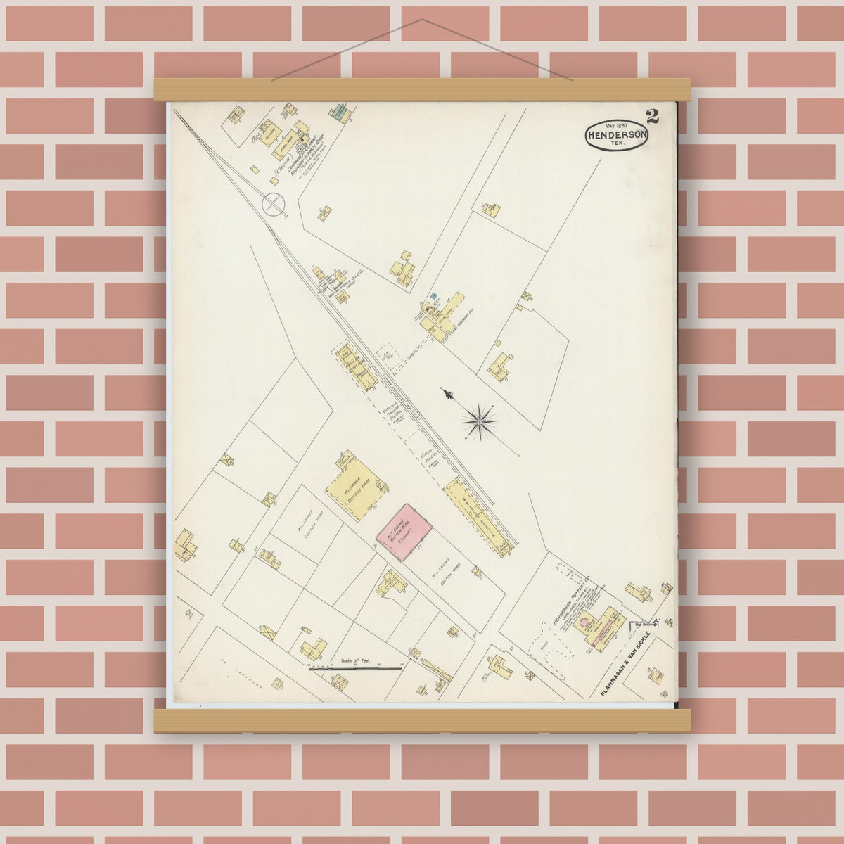 Old map wall art mockup — magnetic wood frame on brick wall — Sanborn Fire Insurance Map from Henderson, Rusk County, Texas (1890), Sheet #0002