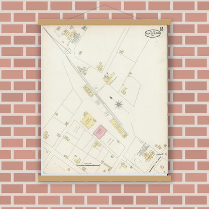 Old map wall art mockup — magnetic wood frame on brick wall — Sanborn Fire Insurance Map from Henderson, Rusk County, Texas (1890), Sheet #0002