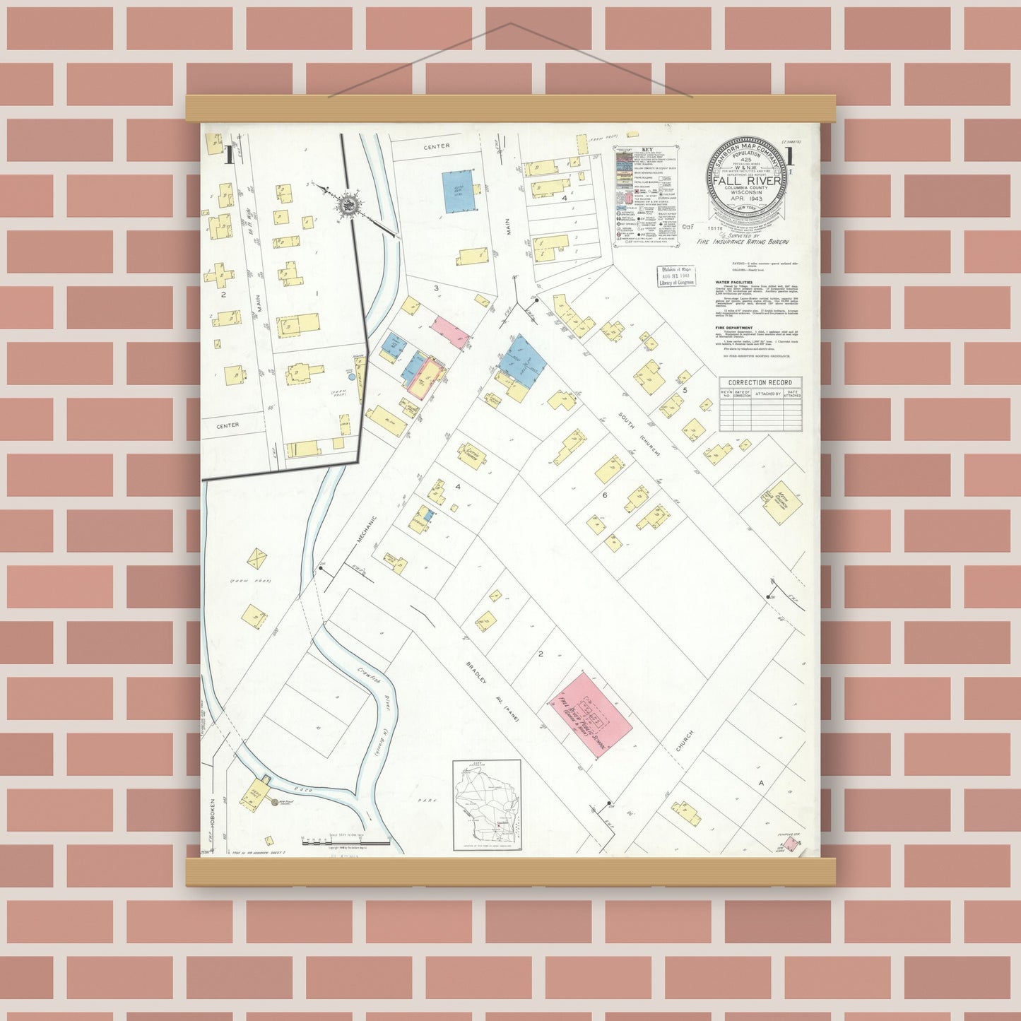 Old map wall art mockup — magnetic wood frame on brick wall — Sanborn Fire Insurance Map from Fall River, Columbia County, Wisconsin (1943) - Complete Map Set