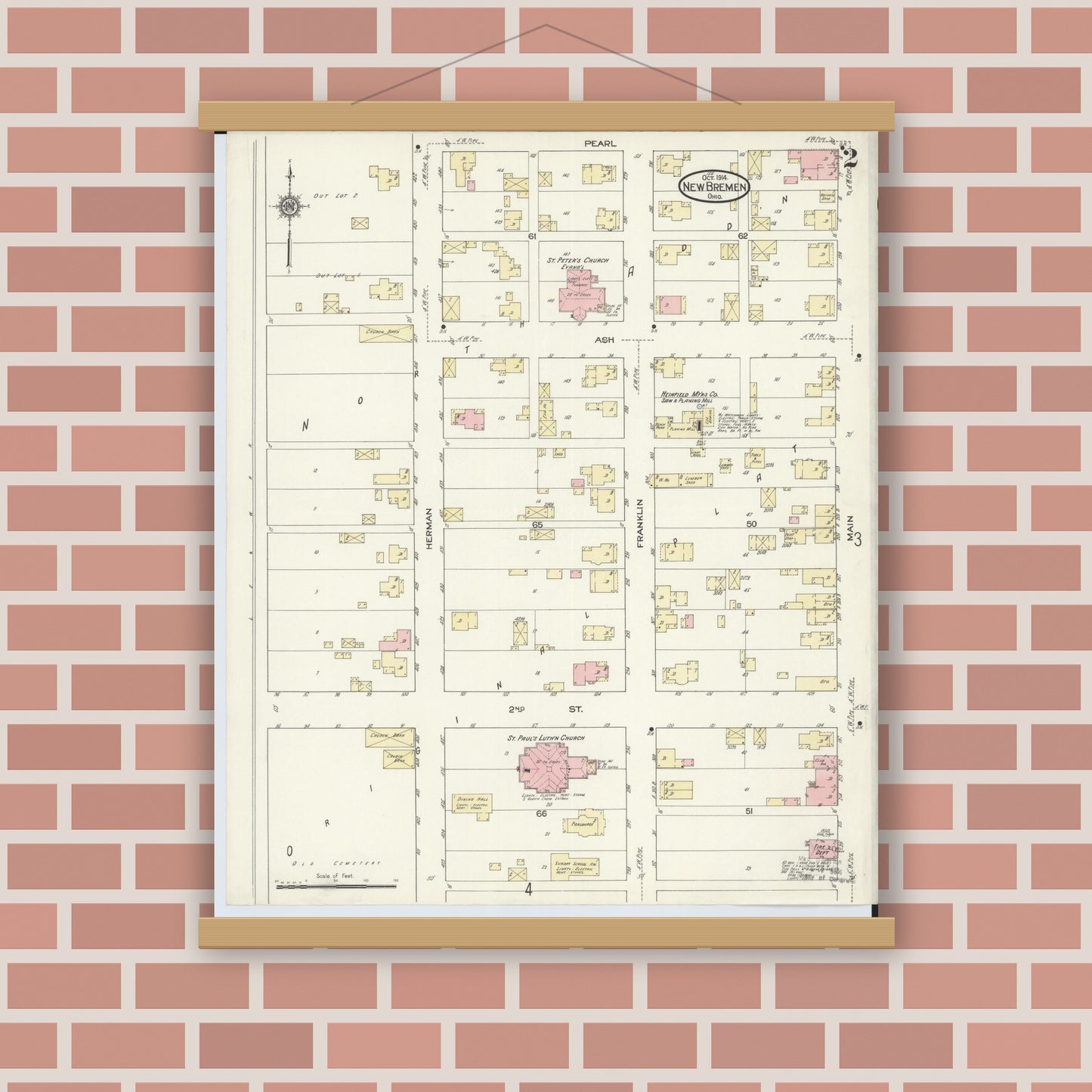 Old map wall art mockup — magnetic wood frame on brick wall — Sanborn Fire Insurance Map from New Bremen, Auglaize County, Ohio (1914), Sheet #0002