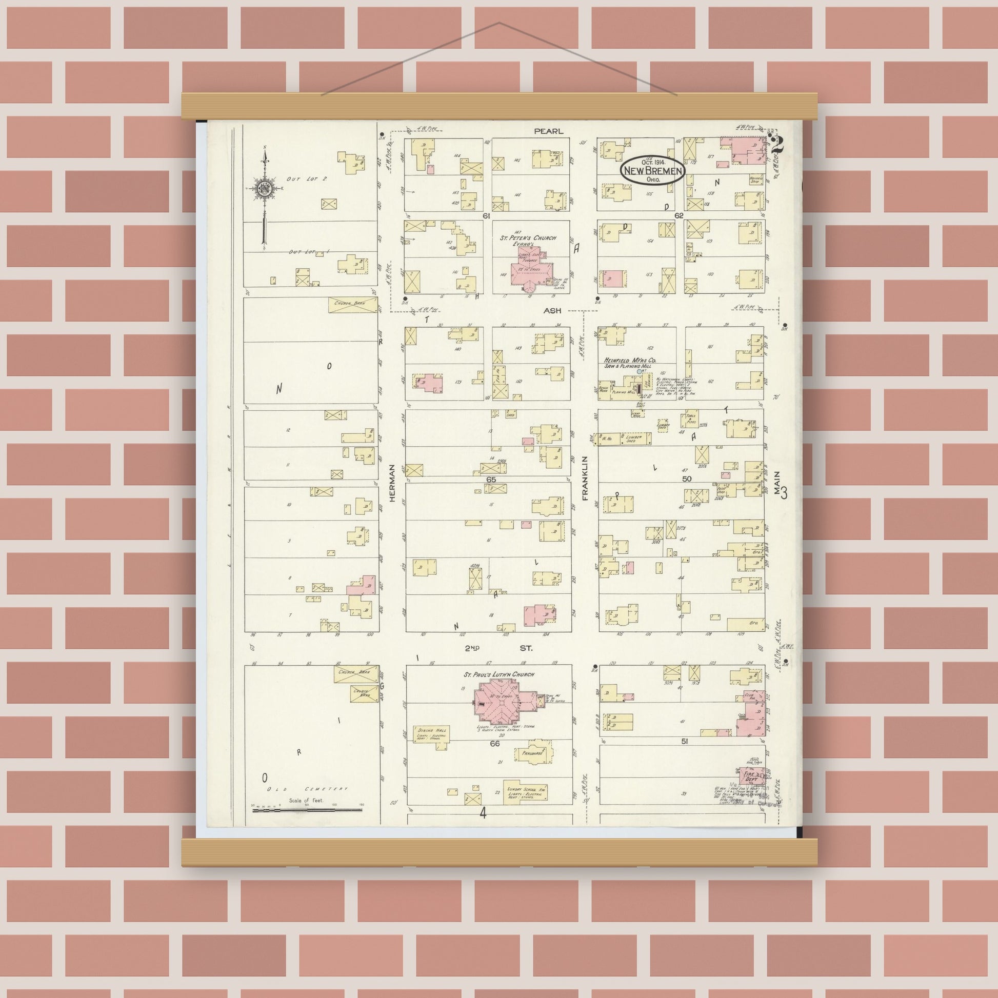Old map wall art mockup — magnetic wood frame on brick wall — Sanborn Fire Insurance Map from New Bremen, Auglaize County, Ohio (1914), Sheet #0002