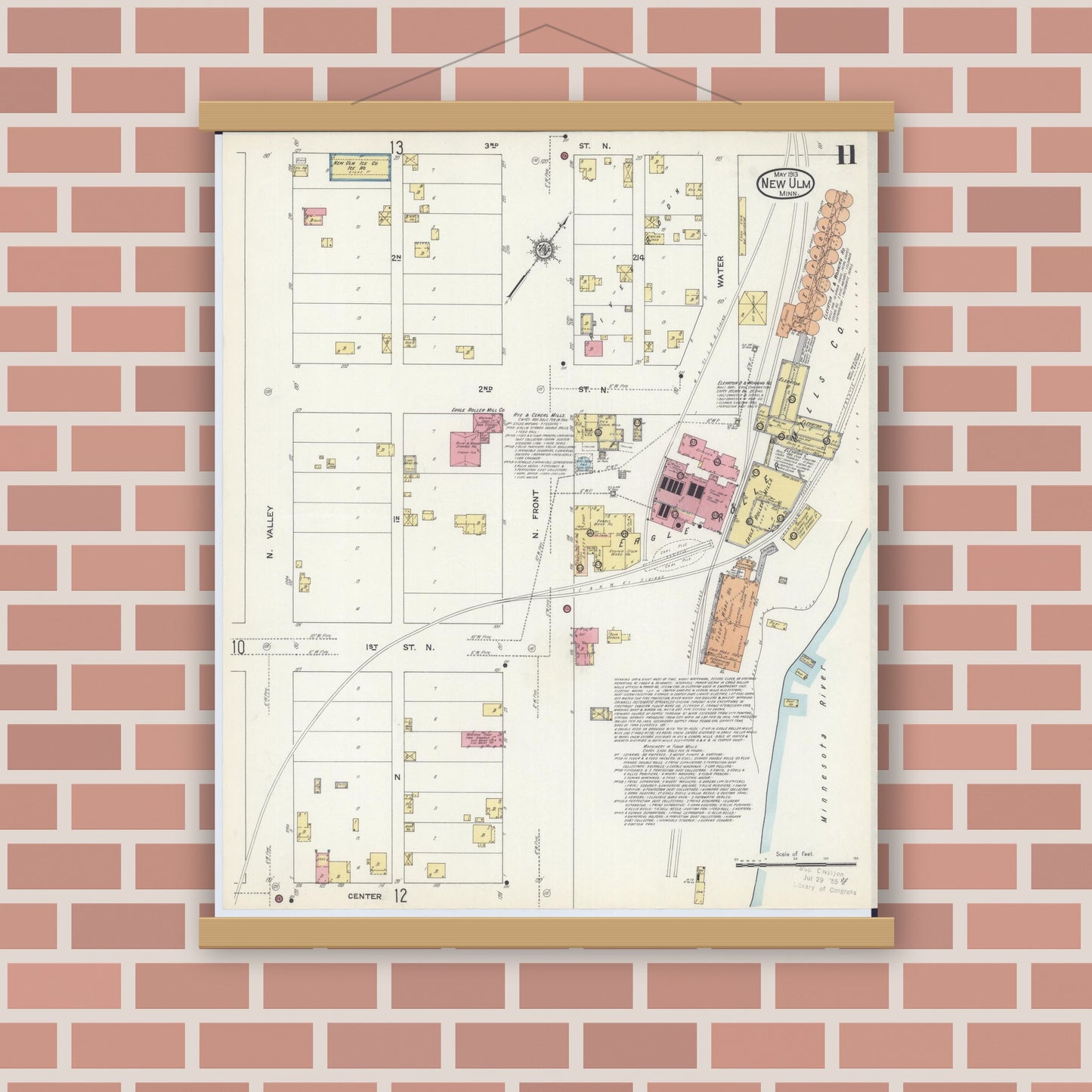 Old map wall art mockup — magnetic wood frame on brick wall — Sanborn Fire Insurance Map from New Ulm, Brown County, Minnesota (1913), Sheet #0011