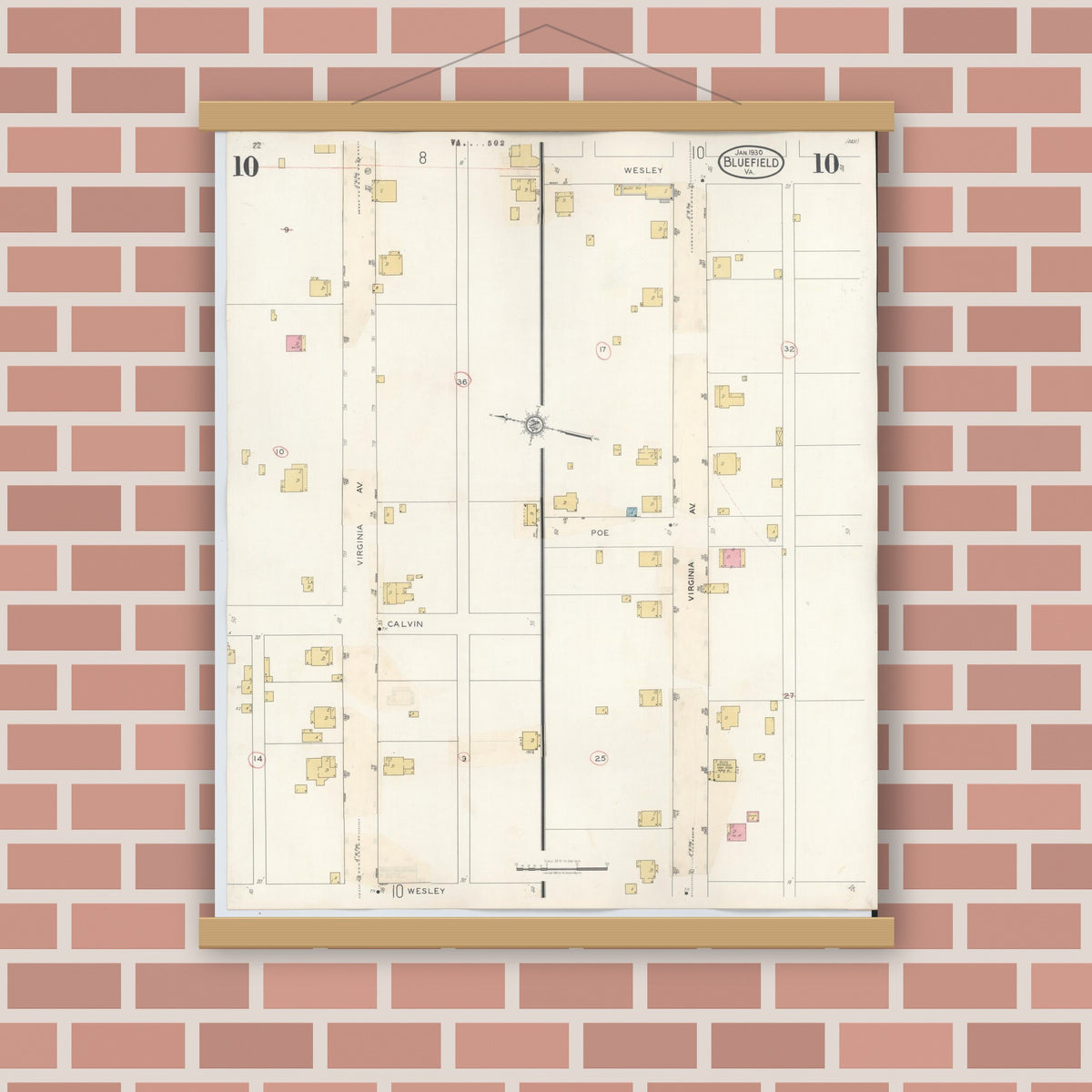 Old map wall art mockup — magnetic wood frame on brick wall — Sanborn Fire Insurance Map from Bluefield, Tazewell County, Virginia (1930), Sheet #0010