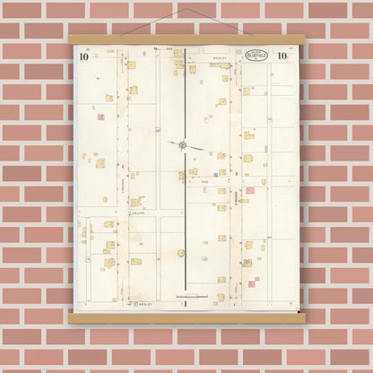 Old map wall art mockup — magnetic wood frame on brick wall — Sanborn Fire Insurance Map from Bluefield, Tazewell County, Virginia (1930), Sheet #0010