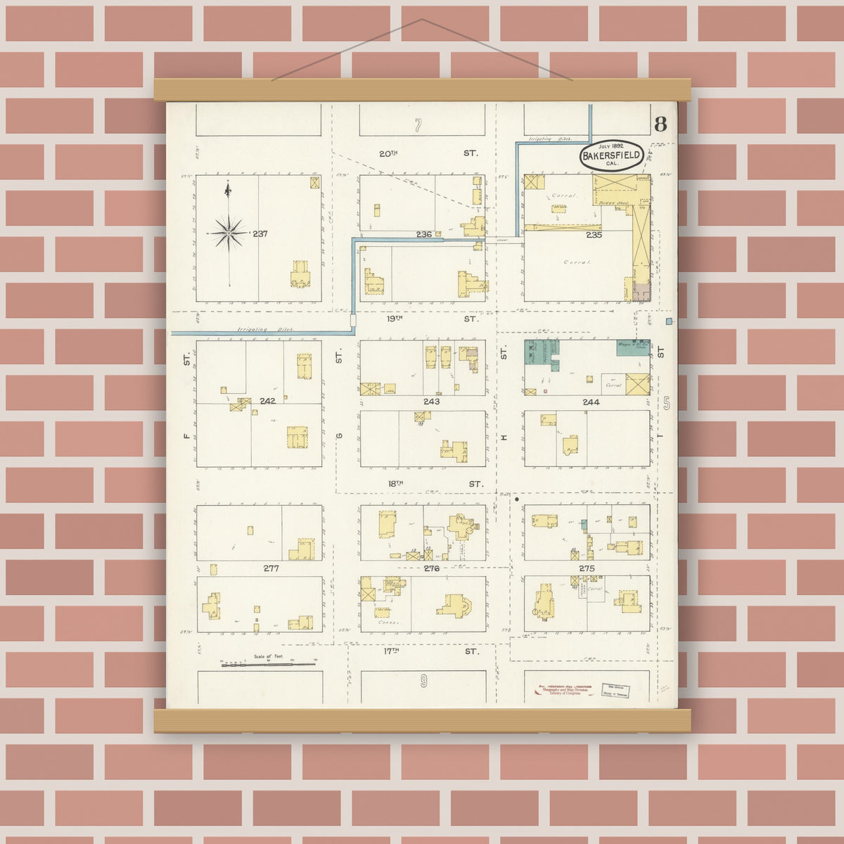 Old map wall art mockup — magnetic wood frame on brick wall — Sanborn Fire Insurance Map from Bakersfield, Kern County, California (1892), Sheet #0008