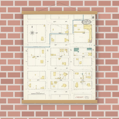 Old map wall art mockup — magnetic wood frame on brick wall — Sanborn Fire Insurance Map from Bakersfield, Kern County, California (1892), Sheet #0008