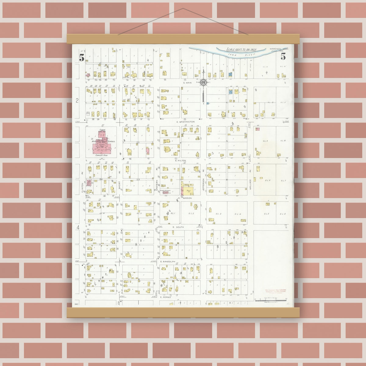 Old map wall art mockup — magnetic wood frame on brick wall — Sanborn Fire Insurance Map from Marengo, Iowa County, Iowa (1933), Sheet #0005