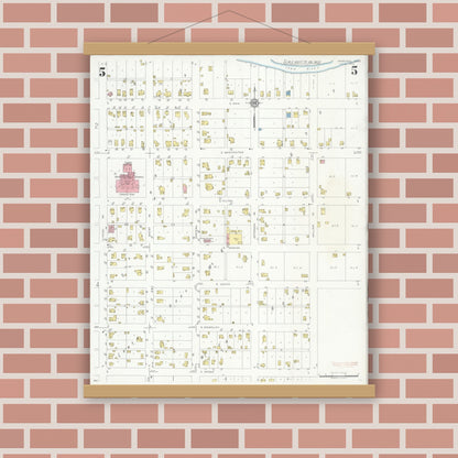 Old map wall art mockup — magnetic wood frame on brick wall — Sanborn Fire Insurance Map from Marengo, Iowa County, Iowa (1933), Sheet #0005