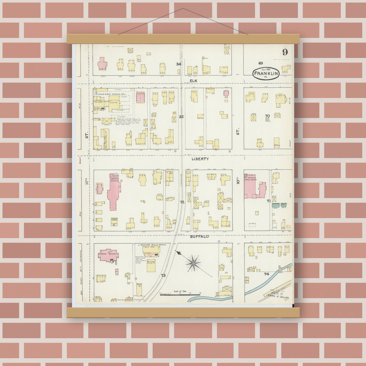 Old map wall art mockup — magnetic wood frame on brick wall — Sanborn Fire Insurance Map from Franklin, Venango County, Pennsylvania (1891), Sheet #0009