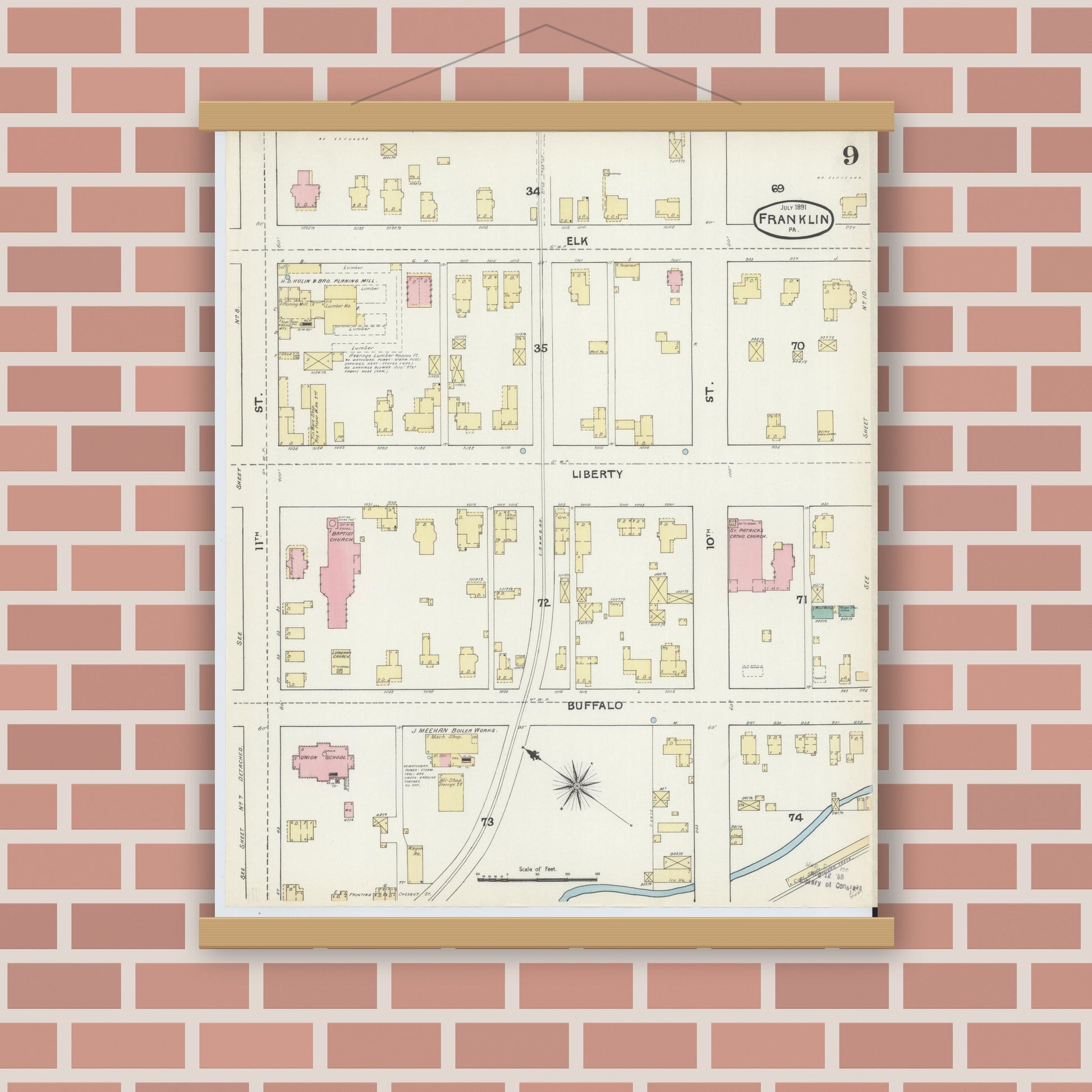 Old map wall art mockup — magnetic wood frame on brick wall — Sanborn Fire Insurance Map from Franklin, Venango County, Pennsylvania (1891), Sheet #0009
