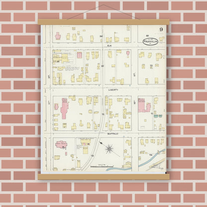 Old map wall art mockup — magnetic wood frame on brick wall — Sanborn Fire Insurance Map from Franklin, Venango County, Pennsylvania (1891), Sheet #0009