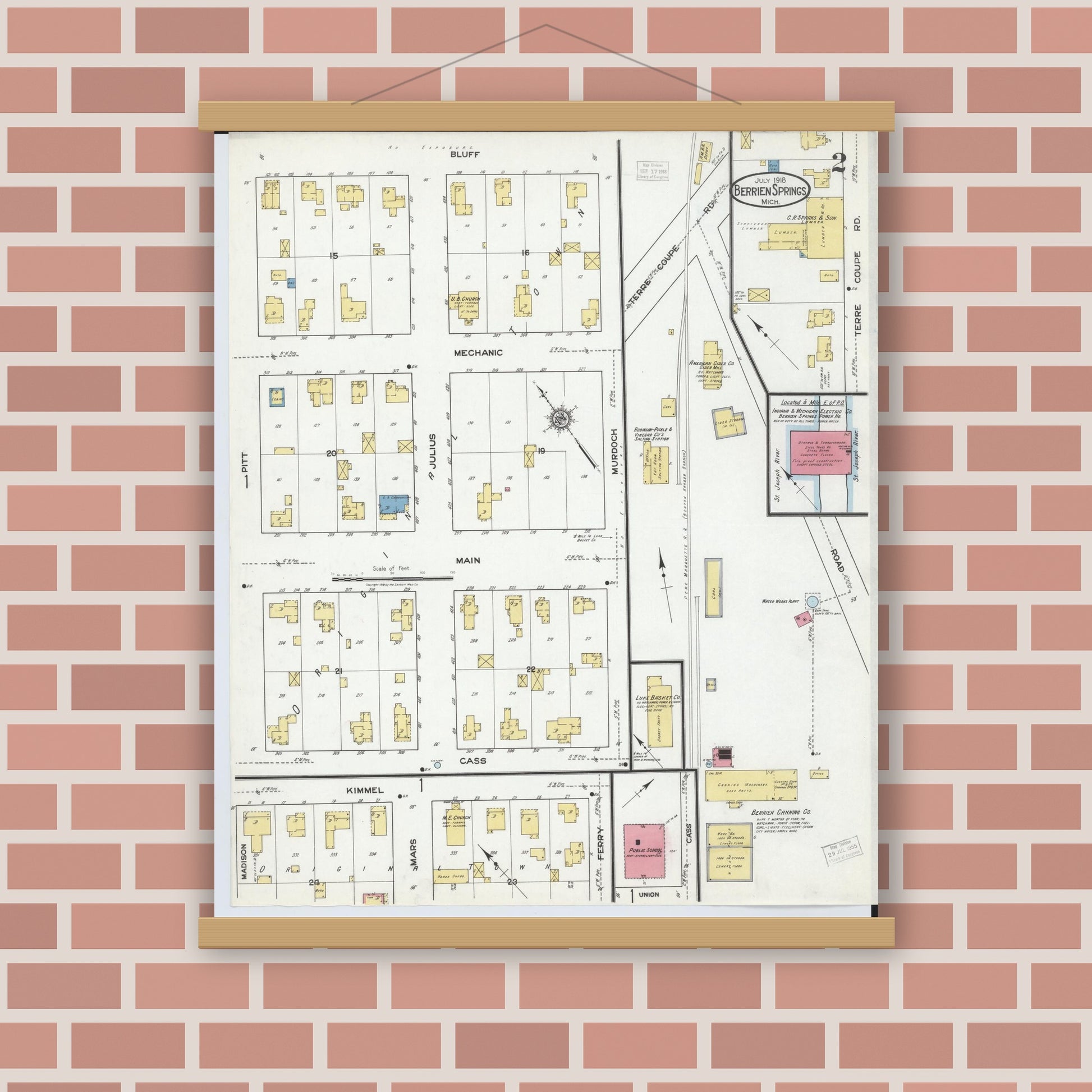 Old map wall art mockup — magnetic wood frame on brick wall — Sanborn Fire Insurance Map from Berrien Springs, Berrien County, Michigan (1918), Sheet #0002