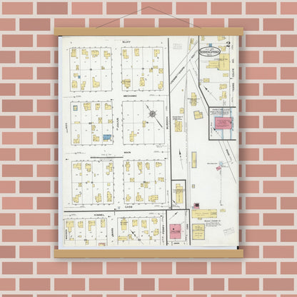 Old map wall art mockup — magnetic wood frame on brick wall — Sanborn Fire Insurance Map from Berrien Springs, Berrien County, Michigan (1918), Sheet #0002