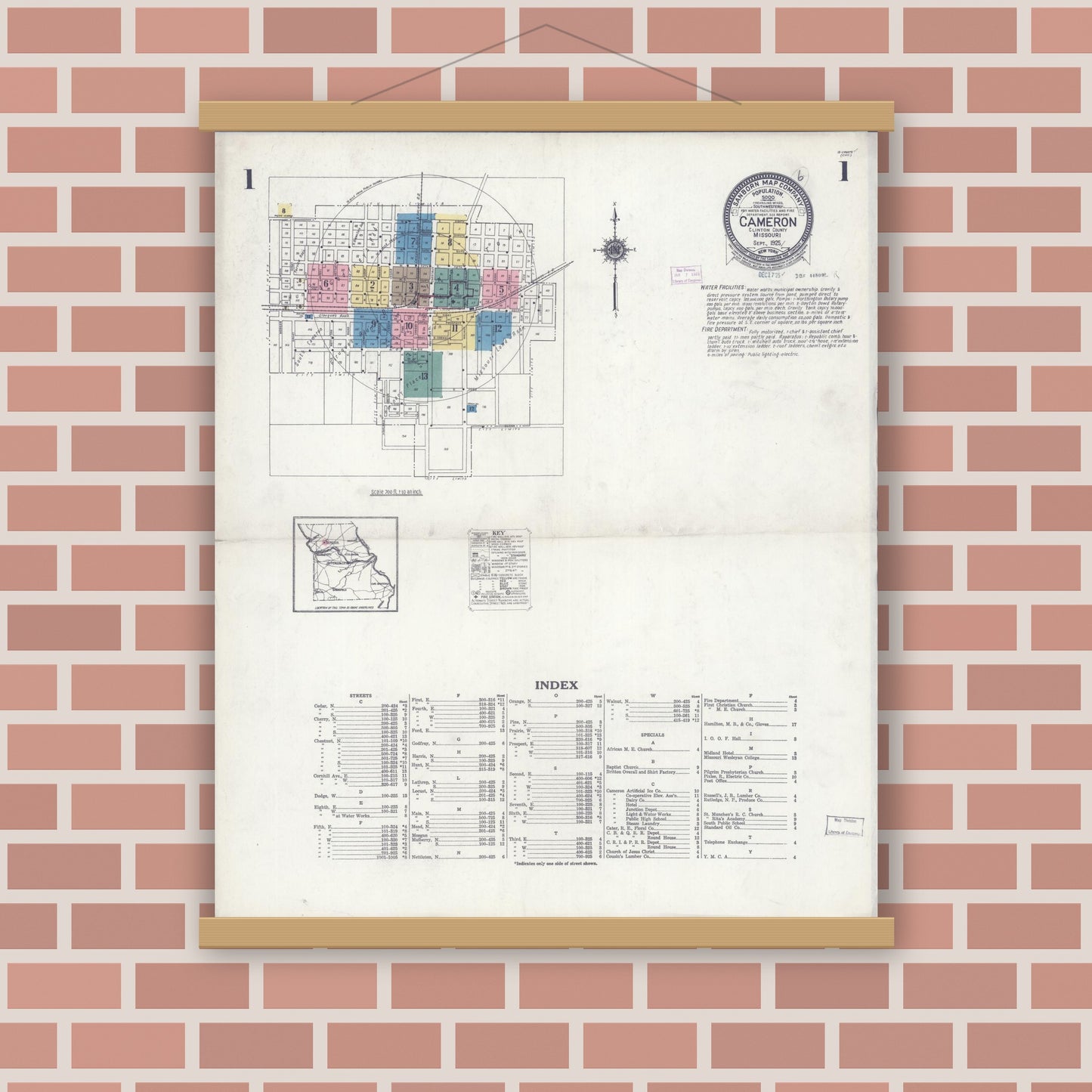 Old map wall art mockup — magnetic wood frame on brick wall — Sanborn Fire Insurance Map from Cameron, Clinton County, Missouri (1925) - Complete Map Set