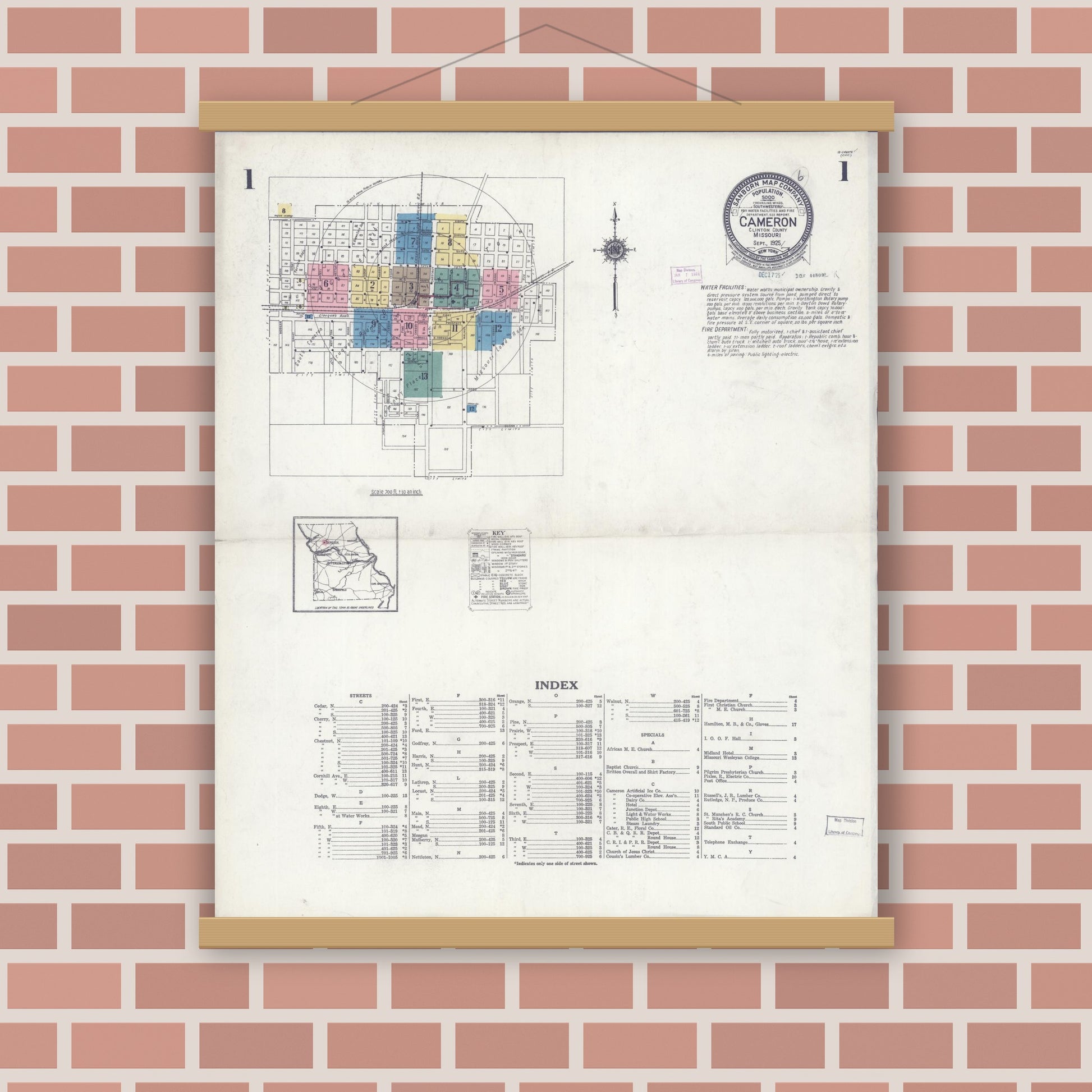 Old map wall art mockup — magnetic wood frame on brick wall — Sanborn Fire Insurance Map from Cameron, Clinton County, Missouri (1925) - Complete Map Set