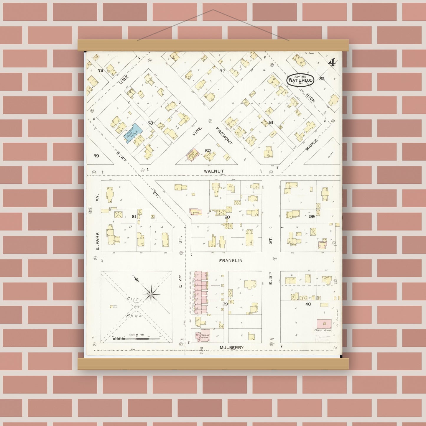 Old map wall art mockup — magnetic wood frame on brick wall — Sanborn Fire Insurance Map from Waterloo, Black Hawk County, Iowa (1892), Sheet #0004