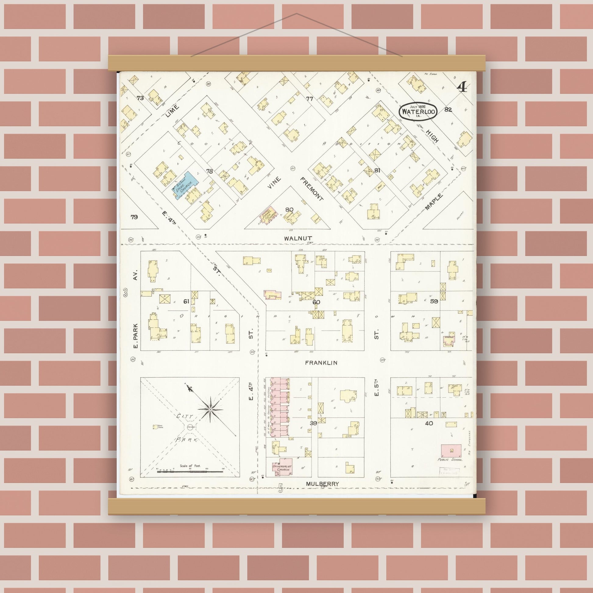 Old map wall art mockup — magnetic wood frame on brick wall — Sanborn Fire Insurance Map from Waterloo, Black Hawk County, Iowa (1892), Sheet #0004