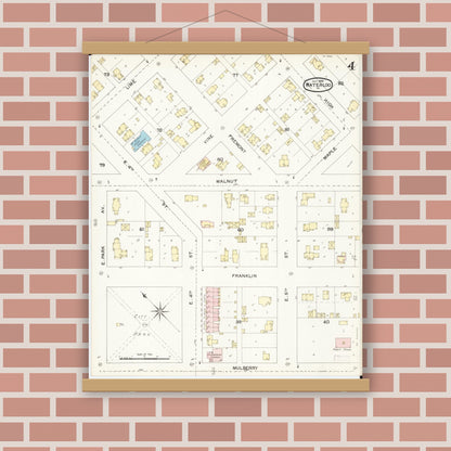 Old map wall art mockup — magnetic wood frame on brick wall — Sanborn Fire Insurance Map from Waterloo, Black Hawk County, Iowa (1892), Sheet #0004