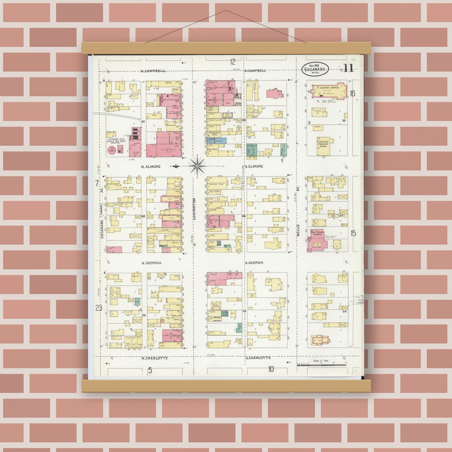 Old map wall art mockup — magnetic wood frame on brick wall — Sanborn Fire Insurance Map from Escanaba, Delta County, Michigan (1906), Sheet #0011