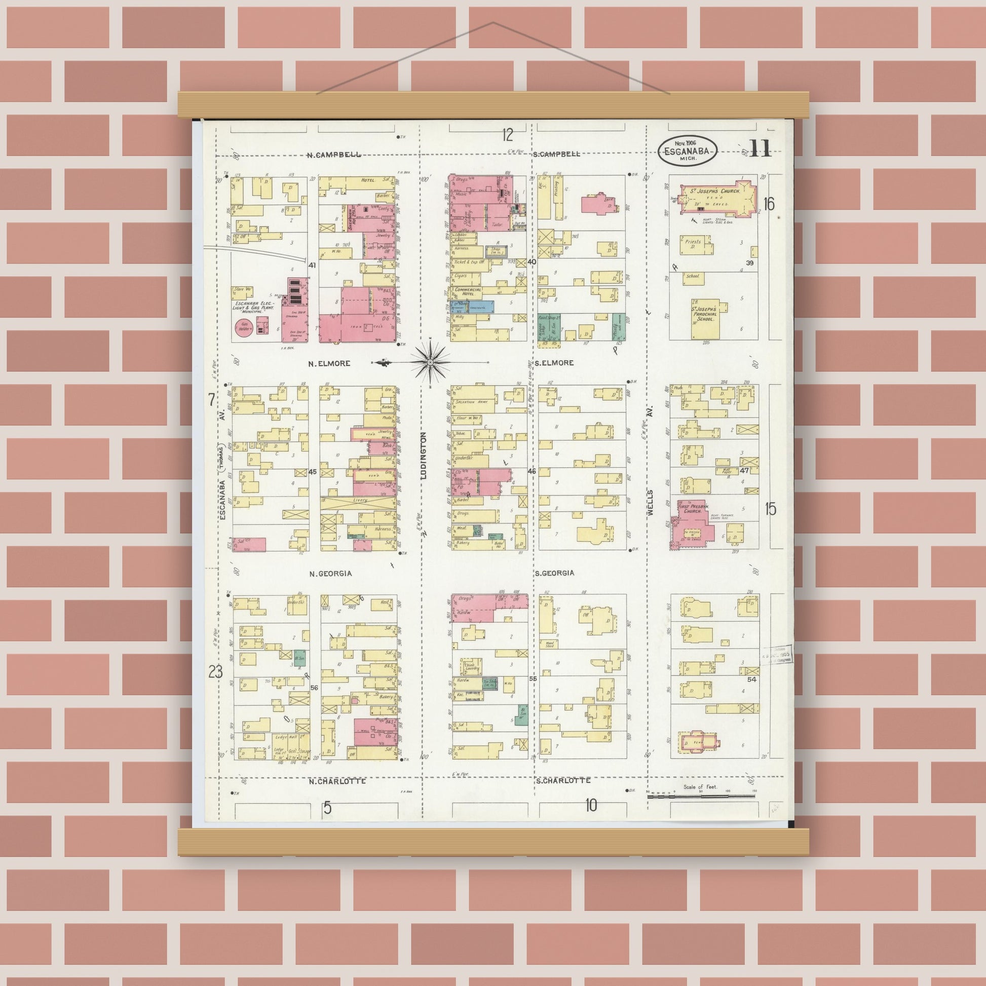 Old map wall art mockup — magnetic wood frame on brick wall — Sanborn Fire Insurance Map from Escanaba, Delta County, Michigan (1906), Sheet #0011