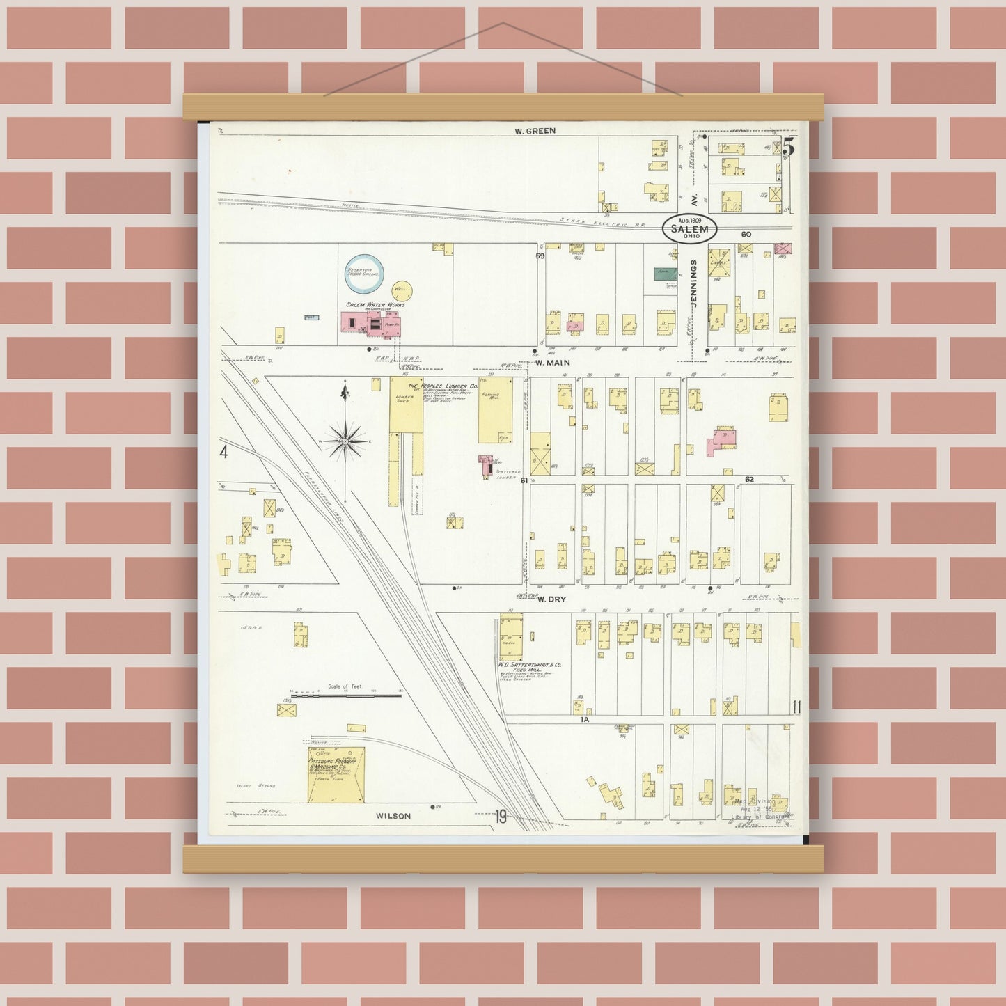 Old map wall art mockup — magnetic wood frame on brick wall — Sanborn Fire Insurance Map from Salem, Columbiana County, Ohio (1909), Sheet #0005