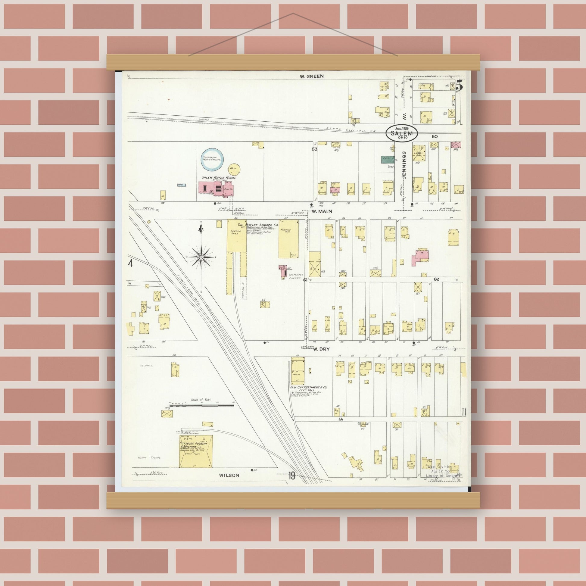 Old map wall art mockup — magnetic wood frame on brick wall — Sanborn Fire Insurance Map from Salem, Columbiana County, Ohio (1909), Sheet #0005
