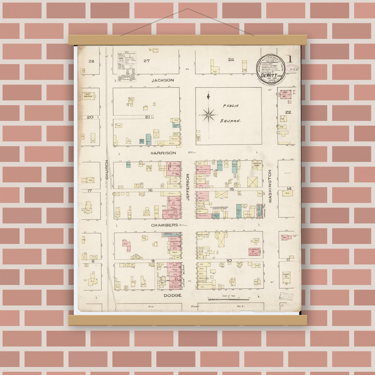 Old map wall art mockup — magnetic wood frame on brick wall — Sanborn Fire Insurance Map from De Witt, Clinton County, Iowa (1886), Sheet #0001