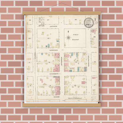 Old map wall art mockup — magnetic wood frame on brick wall — Sanborn Fire Insurance Map from De Witt, Clinton County, Iowa (1886), Sheet #0001