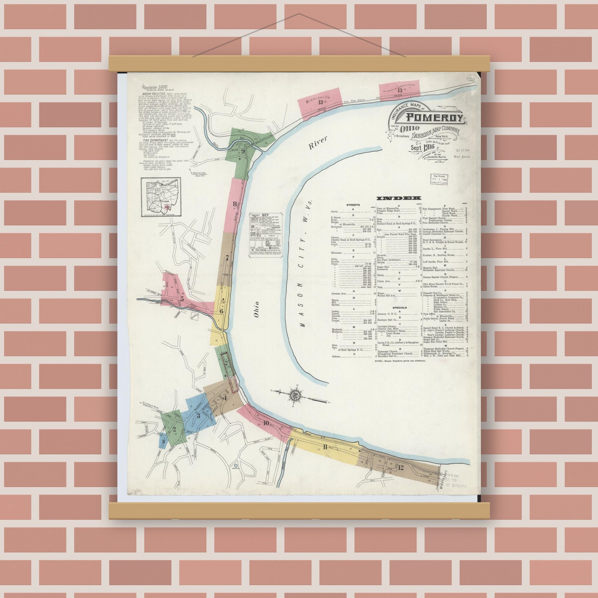 Old map wall art mockup — magnetic wood frame on brick wall — Sanborn Fire Insurance Map from Pomeroy, Meigs County, Ohio (1916), Sheet #0001