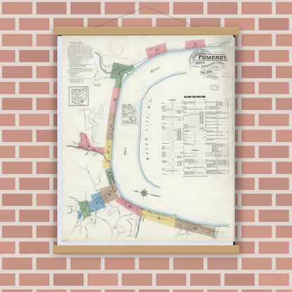 Old map wall art mockup — magnetic wood frame on brick wall — Sanborn Fire Insurance Map from Pomeroy, Meigs County, Ohio (1916), Sheet #0001
