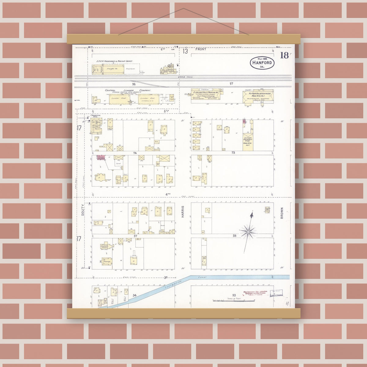 Old map wall art mockup — magnetic wood frame on brick wall — Sanborn Fire Insurance Map from Hanford, Kings County, California (1898), Sheet #0018