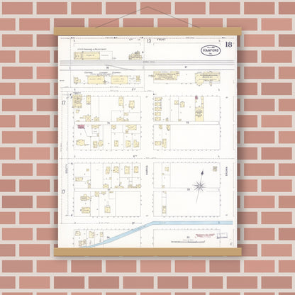 Old map wall art mockup — magnetic wood frame on brick wall — Sanborn Fire Insurance Map from Hanford, Kings County, California (1898), Sheet #0018