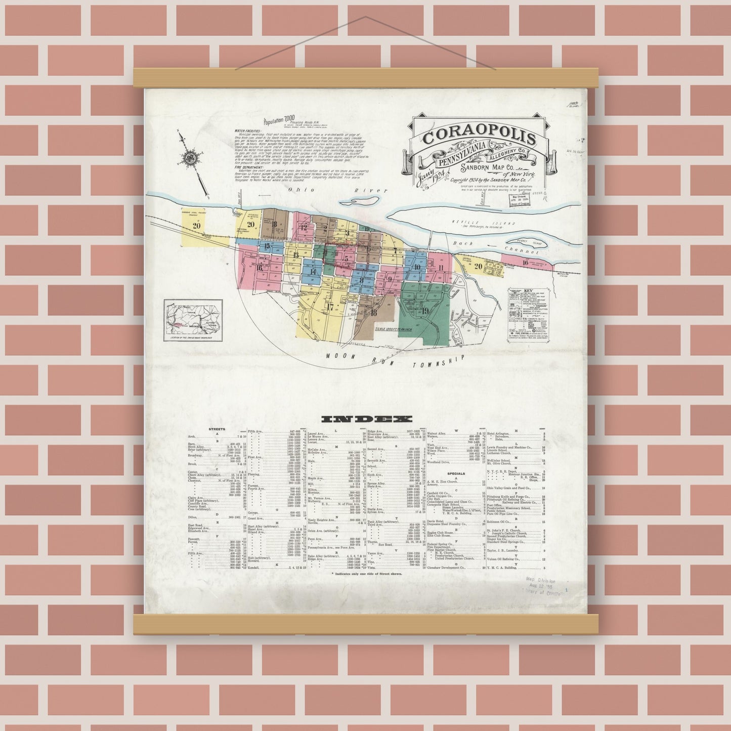 Old map wall art mockup — magnetic wood frame on brick wall — Sanborn Fire Insurance Map from Coraopolis, Allegheny County, Pennsylvania (1924) - Complete Map Set