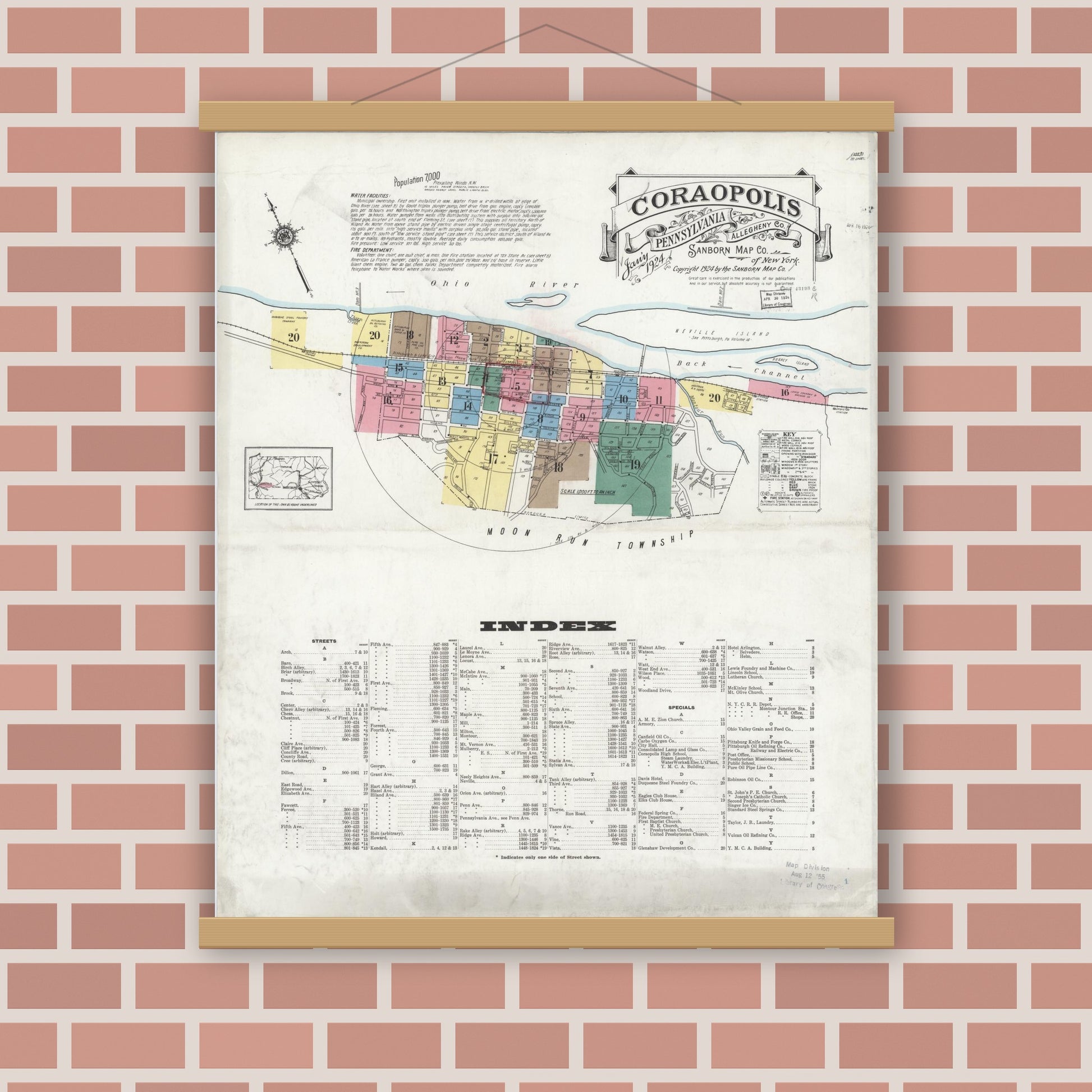 Old map wall art mockup — magnetic wood frame on brick wall — Sanborn Fire Insurance Map from Coraopolis, Allegheny County, Pennsylvania (1924) - Complete Map Set