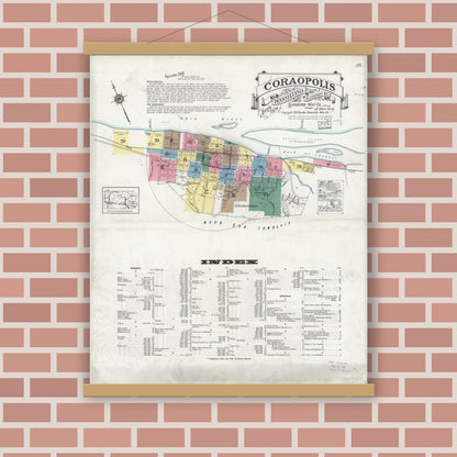 Old map wall art mockup — magnetic wood frame on brick wall — Sanborn Fire Insurance Map from Coraopolis, Allegheny County, Pennsylvania (1924) - Complete Map Set