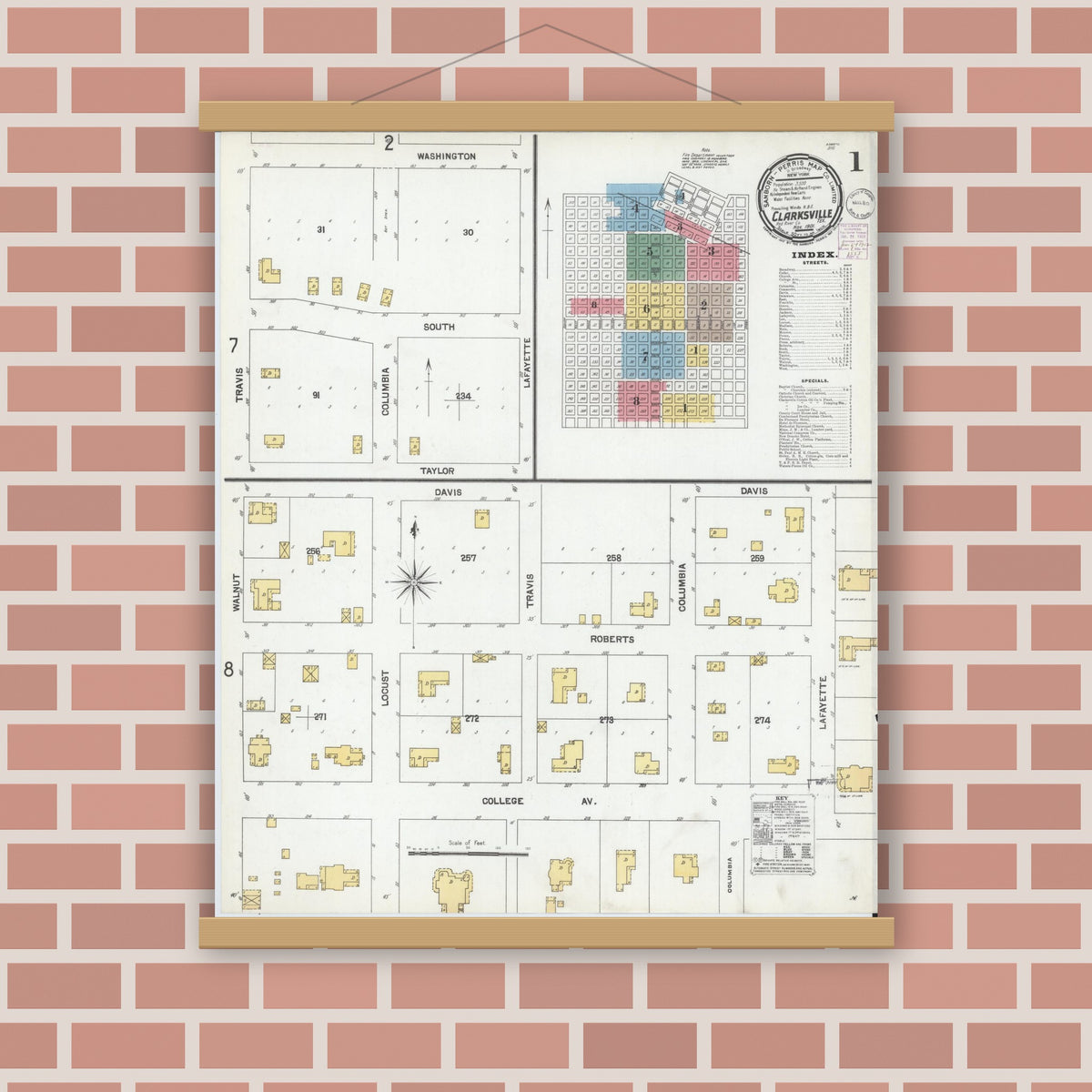 Old map wall art mockup — magnetic wood frame on brick wall — Sanborn Fire Insurance Map from Clarksville, Red River County, Texas (1901) - Complete Map Set