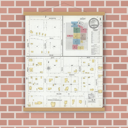 Old map wall art mockup — magnetic wood frame on brick wall — Sanborn Fire Insurance Map from Clarksville, Red River County, Texas (1901) - Complete Map Set