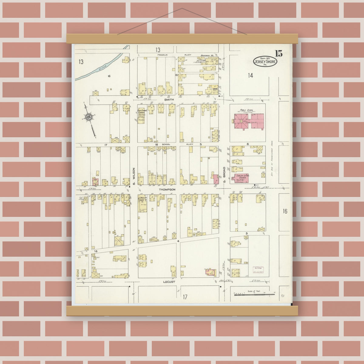 Old map wall art mockup — magnetic wood frame on brick wall — Sanborn Fire Insurance Map from Jersey Shore, Lycoming County, Pennsylvania (1913), Sheet #0015
