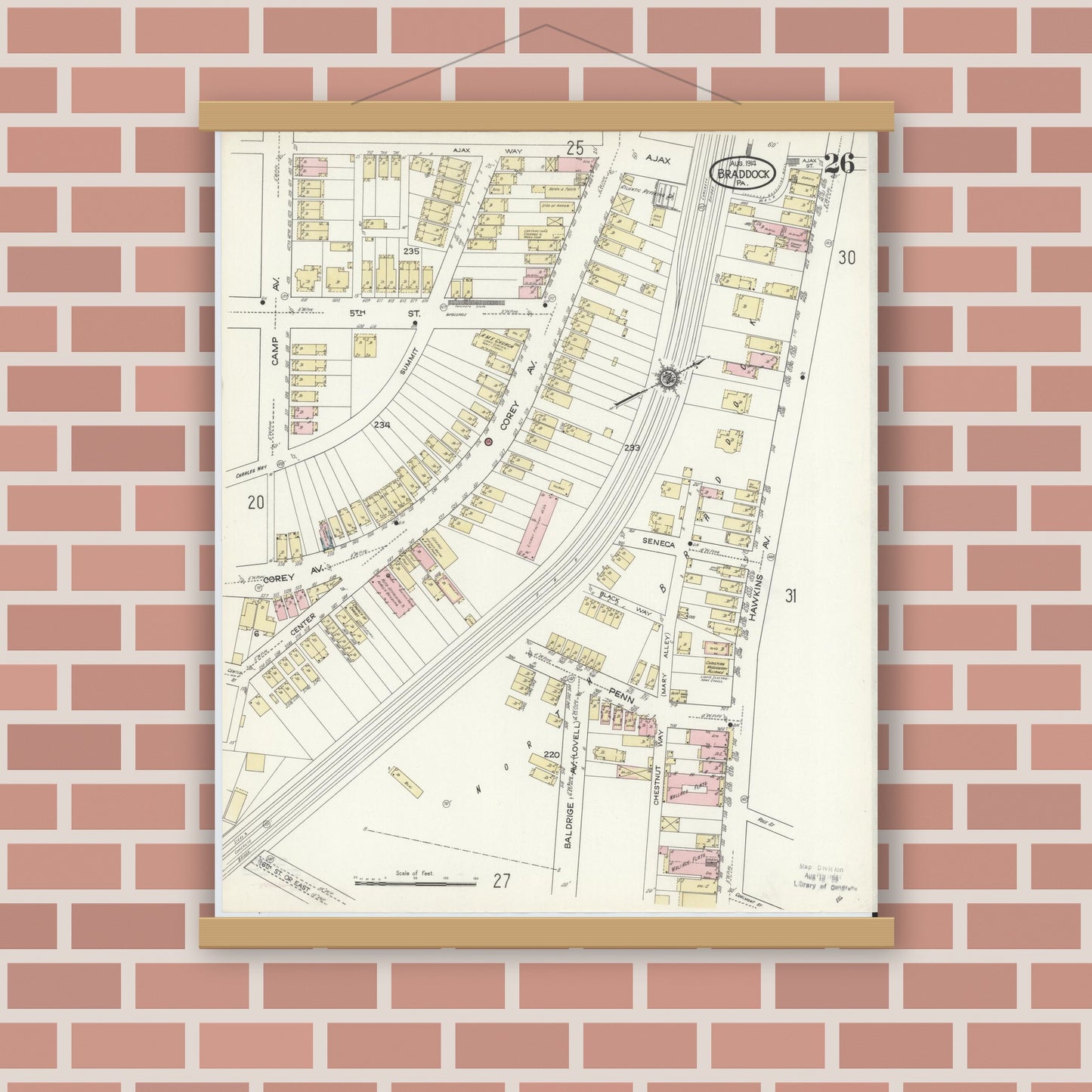 Old map wall art mockup — magnetic wood frame on brick wall — Sanborn Fire Insurance Map from Braddock, Allegheny County, Pennsylvania (1914), Sheet #0026