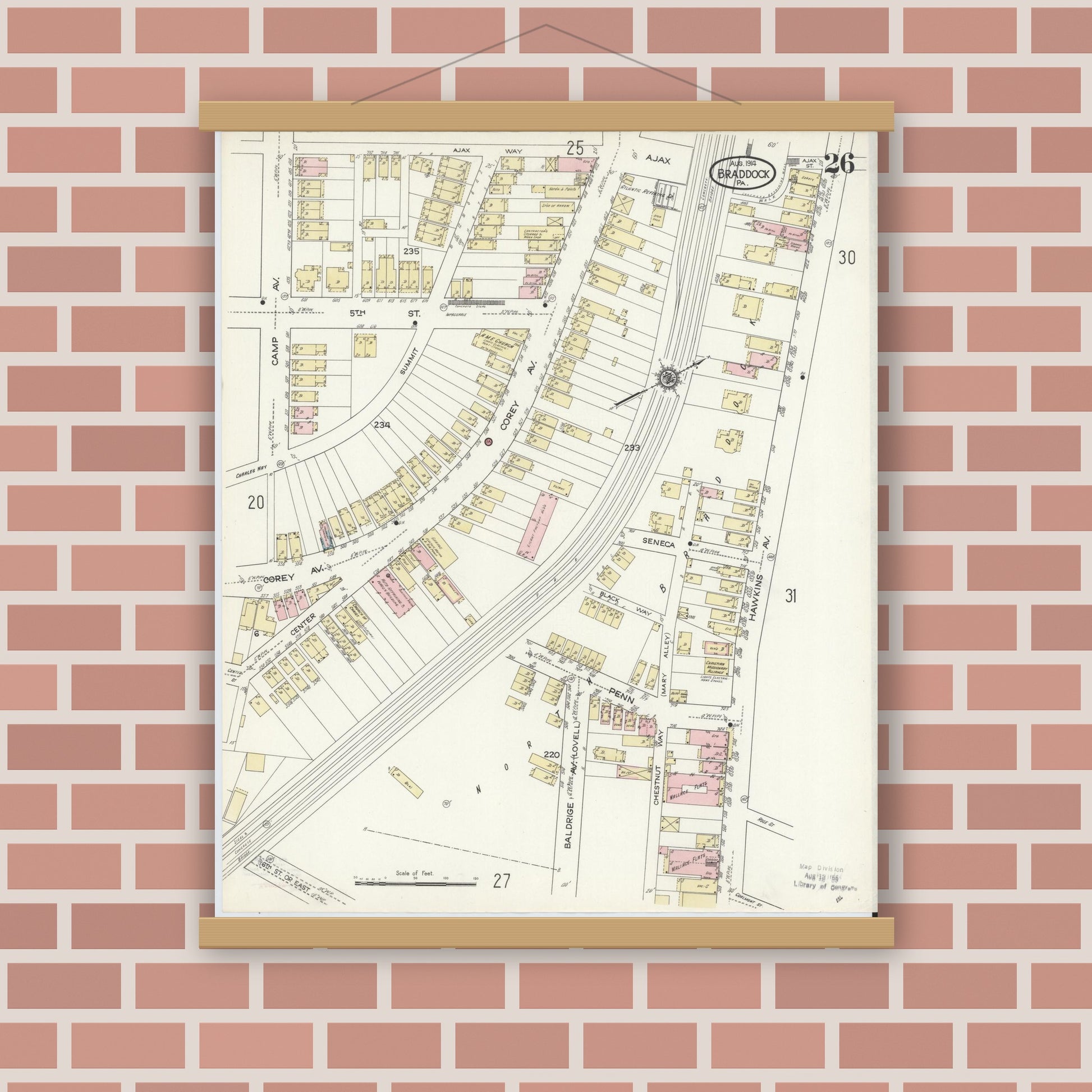 Old map wall art mockup — magnetic wood frame on brick wall — Sanborn Fire Insurance Map from Braddock, Allegheny County, Pennsylvania (1914), Sheet #0026