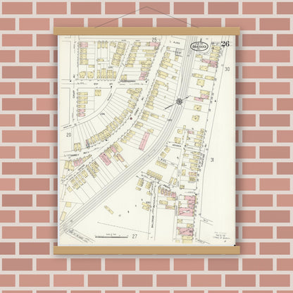 Old map wall art mockup — magnetic wood frame on brick wall — Sanborn Fire Insurance Map from Braddock, Allegheny County, Pennsylvania (1914), Sheet #0026