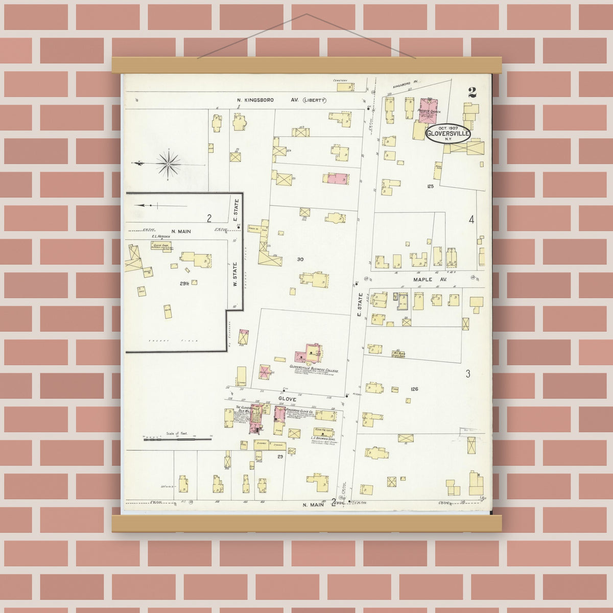 Old map wall art mockup — magnetic wood frame on brick wall — Sanborn Fire Insurance Map from Gloversville, Fulton County, New York (1907) - Complete Map Set